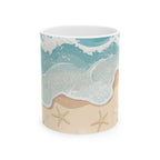 Ceramic coffee mug with a coastal seaside-waves, starfish and shell design. My Positive Perspectives.