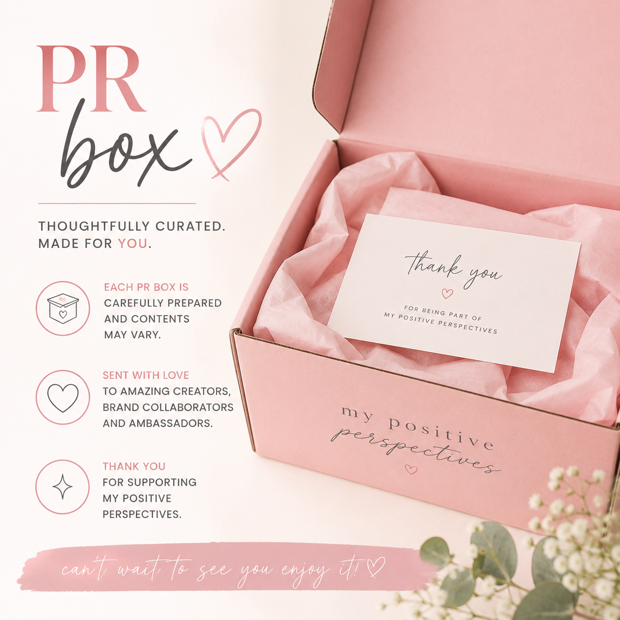 My Positive Perspectives PR package – pink gift box with a thank-you card.