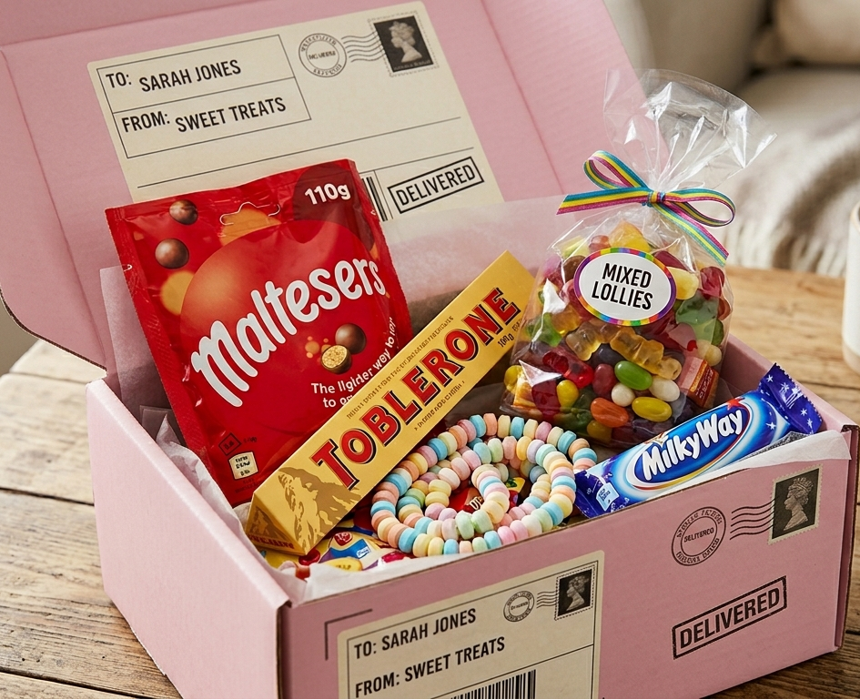 Pink Lift Me Up treat box with Maltesers, Toblerone, a lolly necklace, mixed lollies and a Milky Way