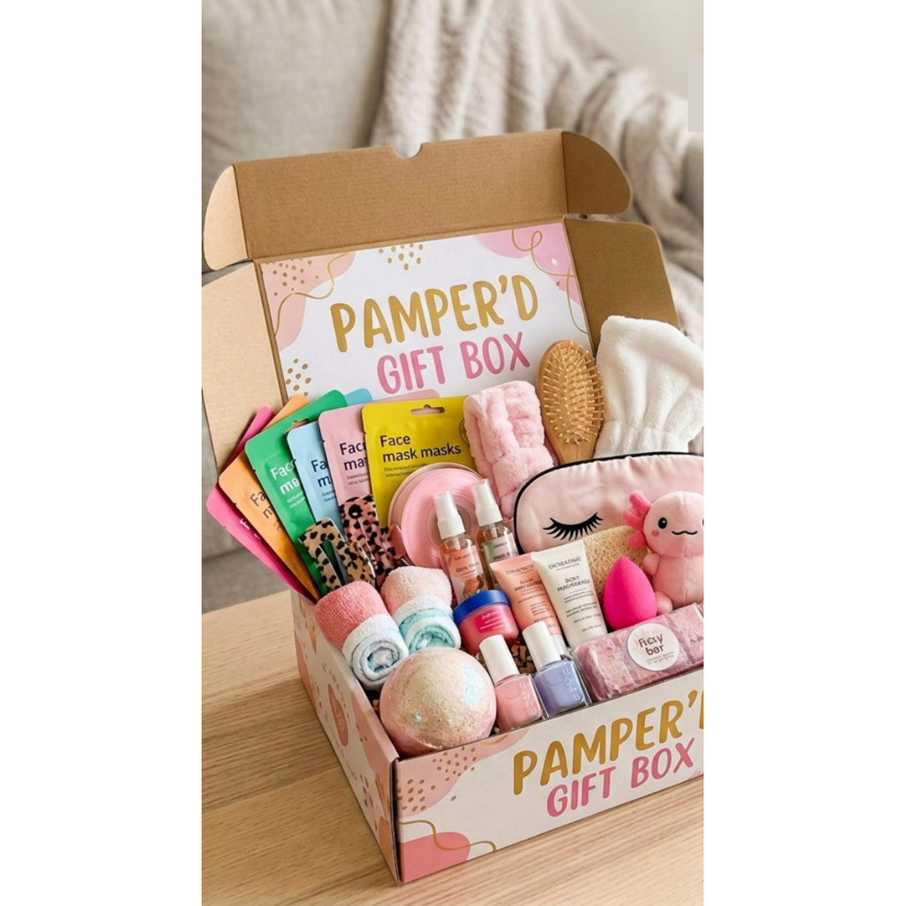 Open pamper'd Self-Care Gift Box showing its real contents — face masks, wooden hair brush, hair wrap, headband, satin eye mask, body mists, moisturisers, nail polishes, bath bomb, fizzy bar, rolled face washers and a plush axolotl. My Positive Perspectives.
